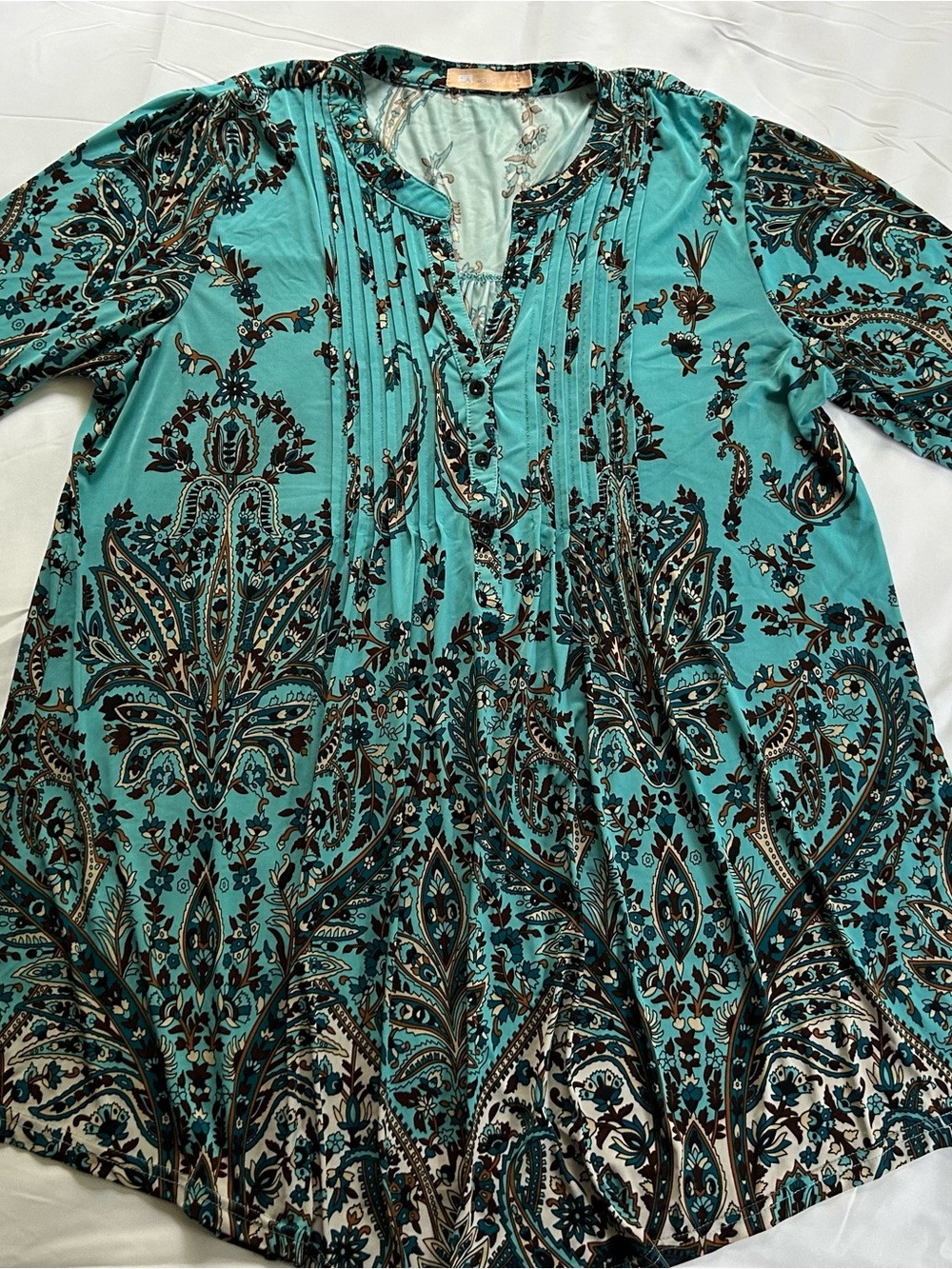 LA CERA Blue Paisley Print Stretch Pintuck Tunic Top Women’s 1X